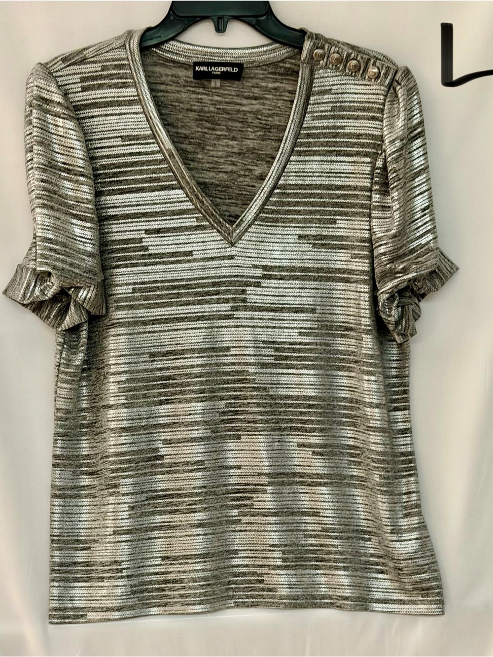 Karl Lagerfeld Silver Metallic V-Neck Short Sleeve Top with Button Shoulder